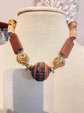 Vintage 14” Chunky Painted Wood Statement Necklace